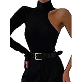 WDIRARA Women's Cut Out One Shoulder Bodysuit Long Sleeve Mock Neck Casual Bodycon Rib Knit Shirts Tops