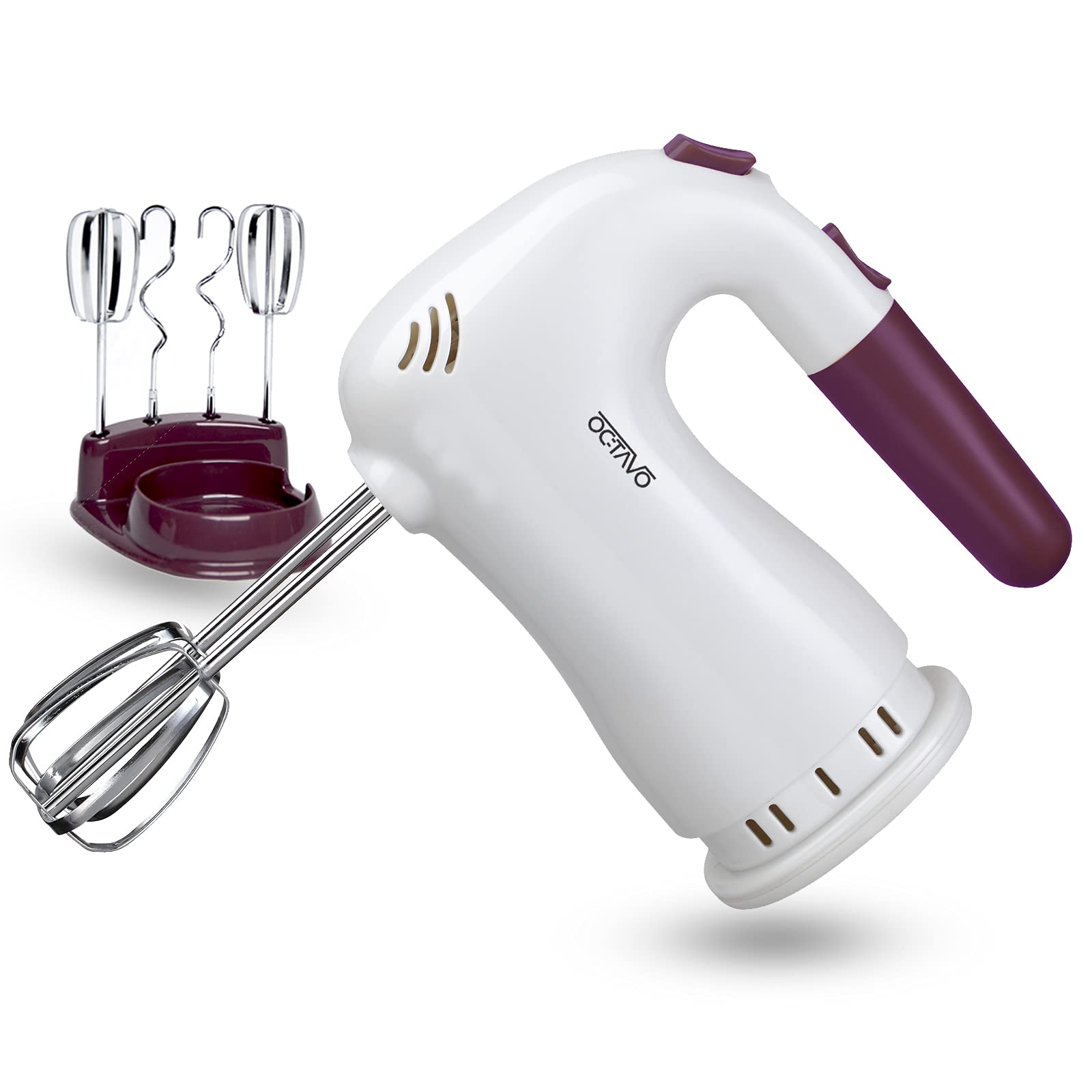 OCTAVO Hand Mixers Electric, Handheld Electric Mixer With Easy Eject Button, 2 Wired Beaters + 2 Dough Hooks And Storage base with Ultra Power 250W - 5 Speed - 120V (white)
