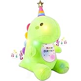 Birthday Dinosaur Plush Stuffed Animal - 12" Green Plush Toy with Light & Happy Birthday Music, Weighted Dino Plushie, Cute Kawaii Soft Pillow Gifts Stuffies for Boys Girls Babies Kids Decorations