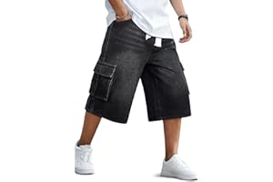 GINGTTO Mens Baggy Jean Shorts Cargo Long Denim Shorts Elastic Waist 15 Inch Inseam