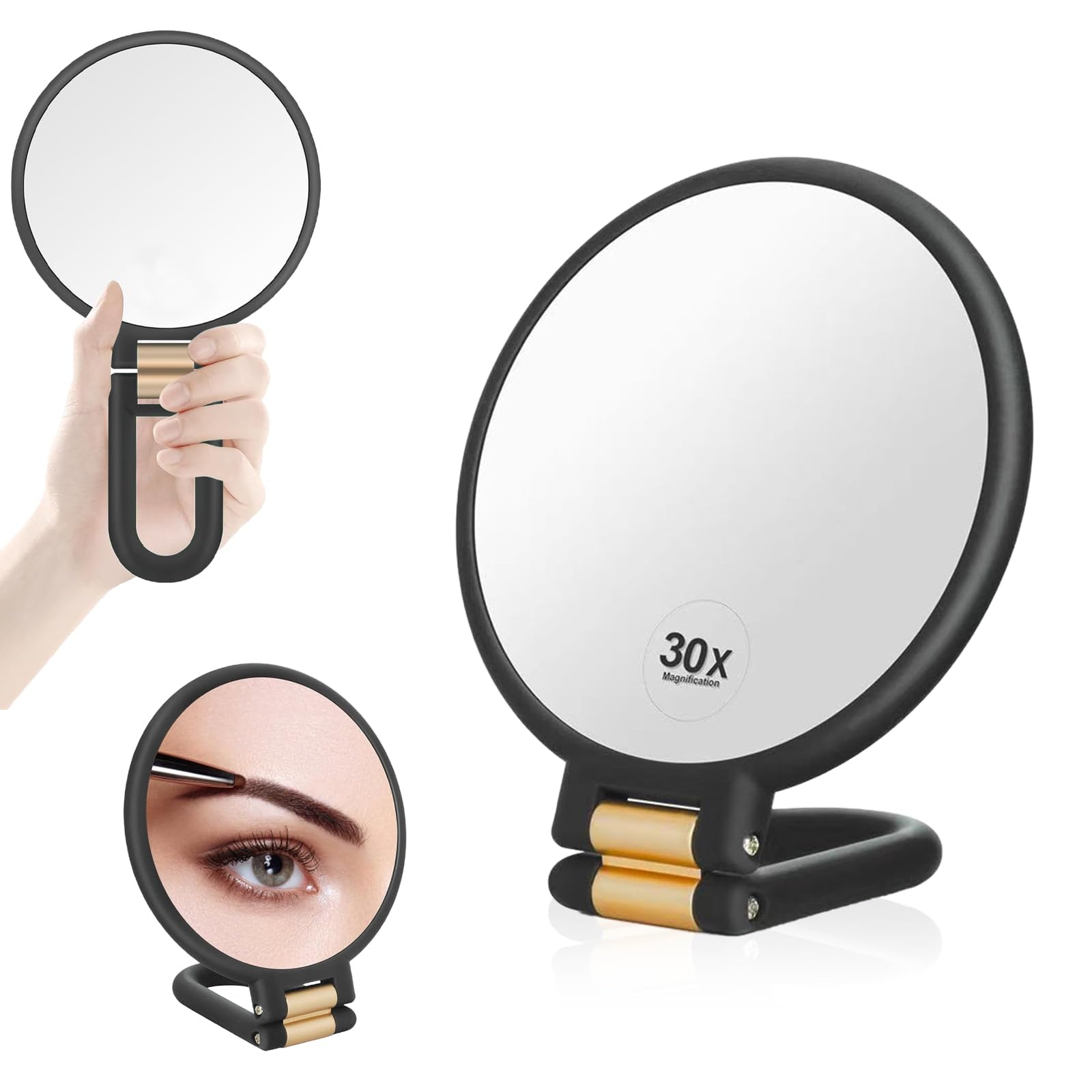 Eidoct 30x Portable Foldable Makeup Mirror, Double Sided - 360°Adjustable Handle for Precision Makeup and Eyebrow Plucking