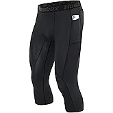 Roadbox Mens 3/4 Compression Pants with Pockets, 1/2 Pack Athletic Running Legging Tights, Workout Basketball Gym Base Layer
