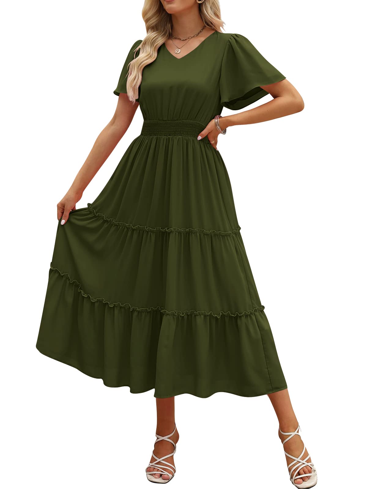 LILLUSORY Womens Midi Dresses 2023 Summer Short Sleeves Flowy