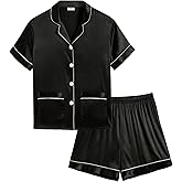 SWOMOG Girls Satin Pajamas Set Silk Button Down Pjs Set 2 Pieces Short Sleeve Kids Strawberry Sleepwear