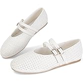 SOVANYOU Suede Mary Jane Flats for Women Perforated Round Toe Ballet Flats with Double Buckle Strap Breathable Mesh Ballerina Shoes