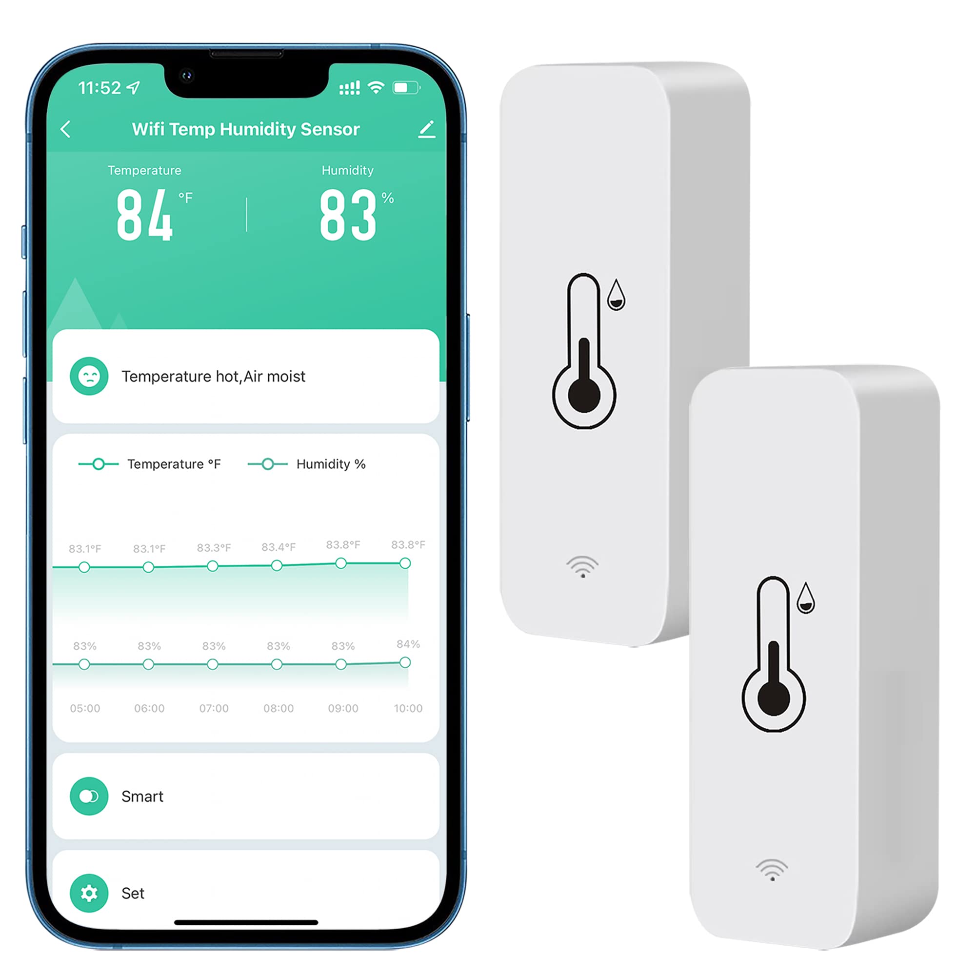 Comboss WiFi Hygrometer Thermometer Sensor, Wireless Temperature and Humidity Sensor for Indoor and Outdoor Use with Remote App Notification Alarm, Works with the Tuya App (2 Pack)