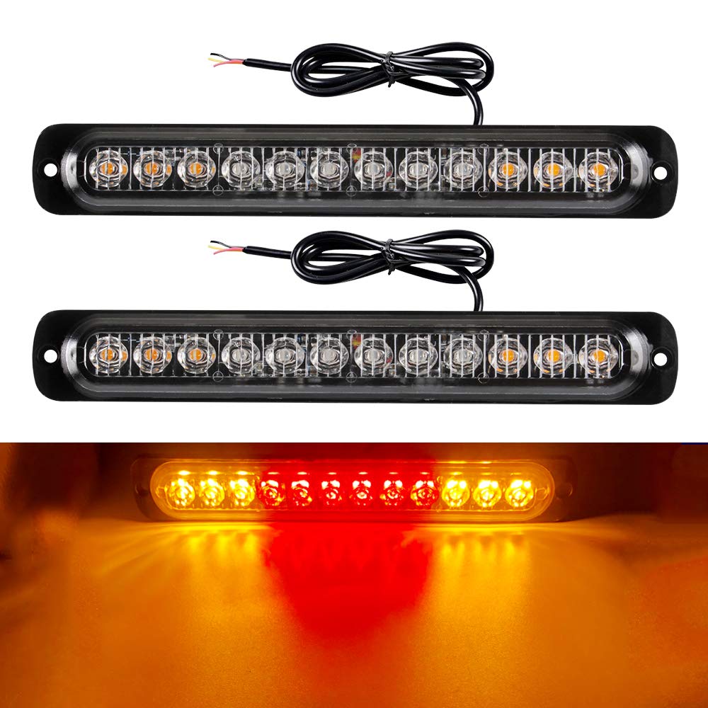 12-24V 12 LED Emergency Strobe Lights Warning lights Bar- Waterproof Flashing Mode Recovery Breakdown Beacon Light -Surface Mount for Construction Vehicle -2pcs(Amber&Red&Amber)