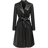 Women's Black Mid Length Faux PU Leather Trench Coat Long Sleeve Motorcycle Button Biker Overcoat With Belt