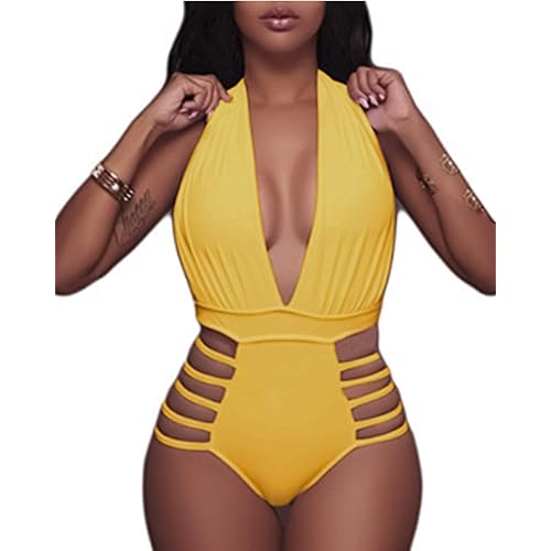 Aqua Eve Women Sexy One Piece Swimsuits Halter Plunge V Neck Cutout Bathing Suits