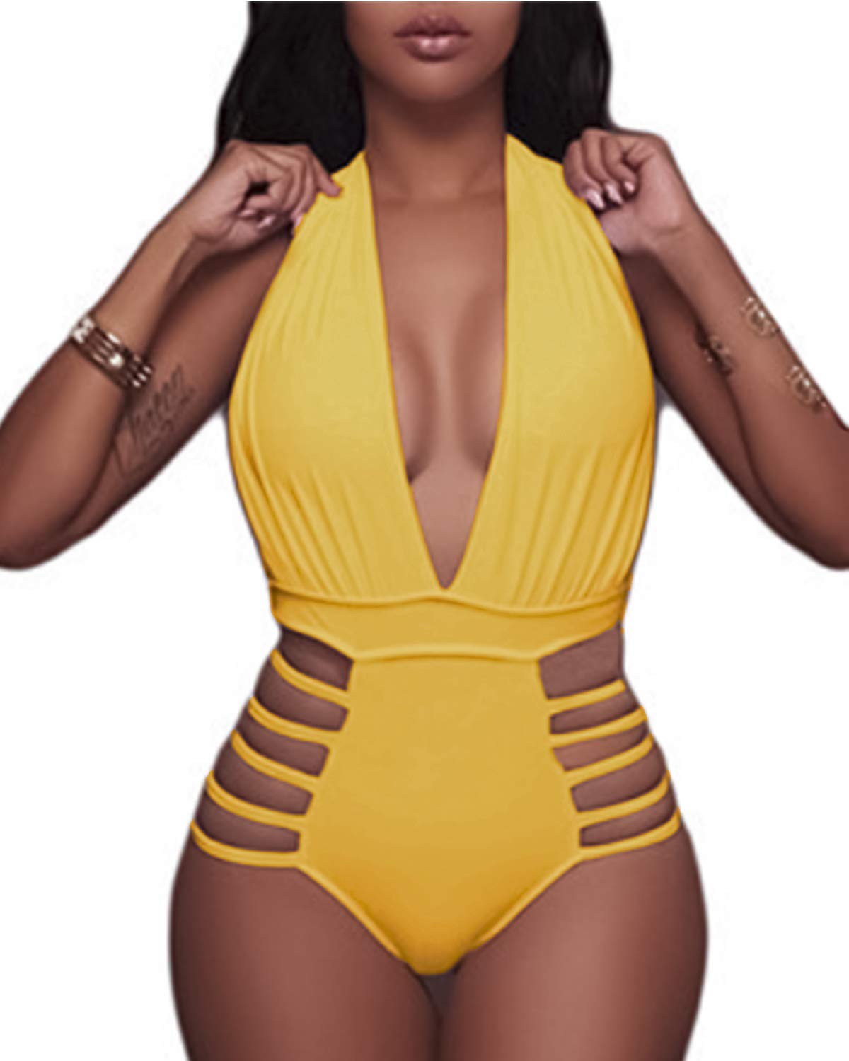 Aqua Eve Women Sexy One Piece Swimsuits Halter Plunge V Neck Cutout Bathing Suits