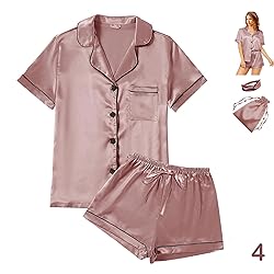 4Pcs Womens Satin Silky Pajama Sets Short Sleeve