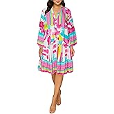 Button Down Dress for Women Long Sleeve Floral Shirt Dresses Oversized Loose V Neck Dressy Blouse Tops Short Mini Dress Summer Swimsuit Swim Cover Up Beach Coverups Vacation Outfits LightPink, M