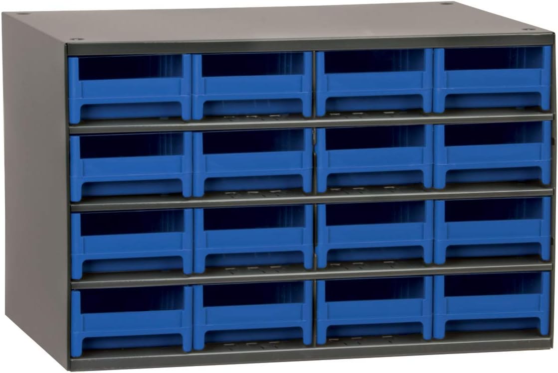 Akro-Mils 16-Drawer Steel Parts Craft Storage Cabinet Hardware Organizer, 19416, (17-Inch W x 11-Inch D x 11-Inch H), Gray Cabinet, Blue Drawers