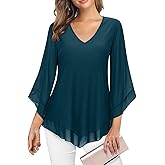 Viracy Womens Dressy Blouse V Neck Double Layers Elastic Mesh Casual Flowy Work Shirts Ruffle 3/4 Flared Sleeve Tunic Tops