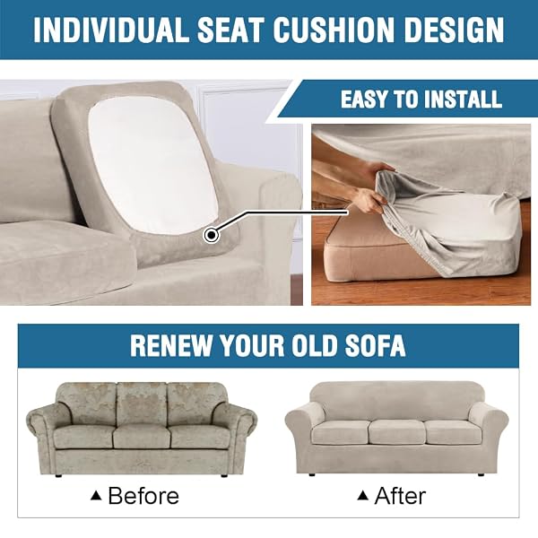 H.VERSAILTEX HIGH STRETCH SOFA SLIPCOVER 4 PIECE COVER VELVET FURNITURE PROTECTOR FORM FIT THICK VELVET EXTRA LARGE SOFA COVER FOR 3 CUSHION COUCH WIDTH UP TO 97 INCH (LARGE SOFA, FRENCH OAK)