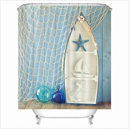 HBZZCL Cortina Baño Y Alfombra De Baño,Fishing Net Boat Starfish, Fácil