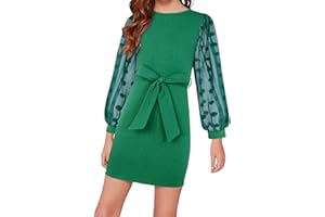 ALLIFLY Girls Mesh Long Sleeve Dress Kids Fall Winter Bodycon Dresses Self Belted Elegant Lantern Sleeve 7-14 Years