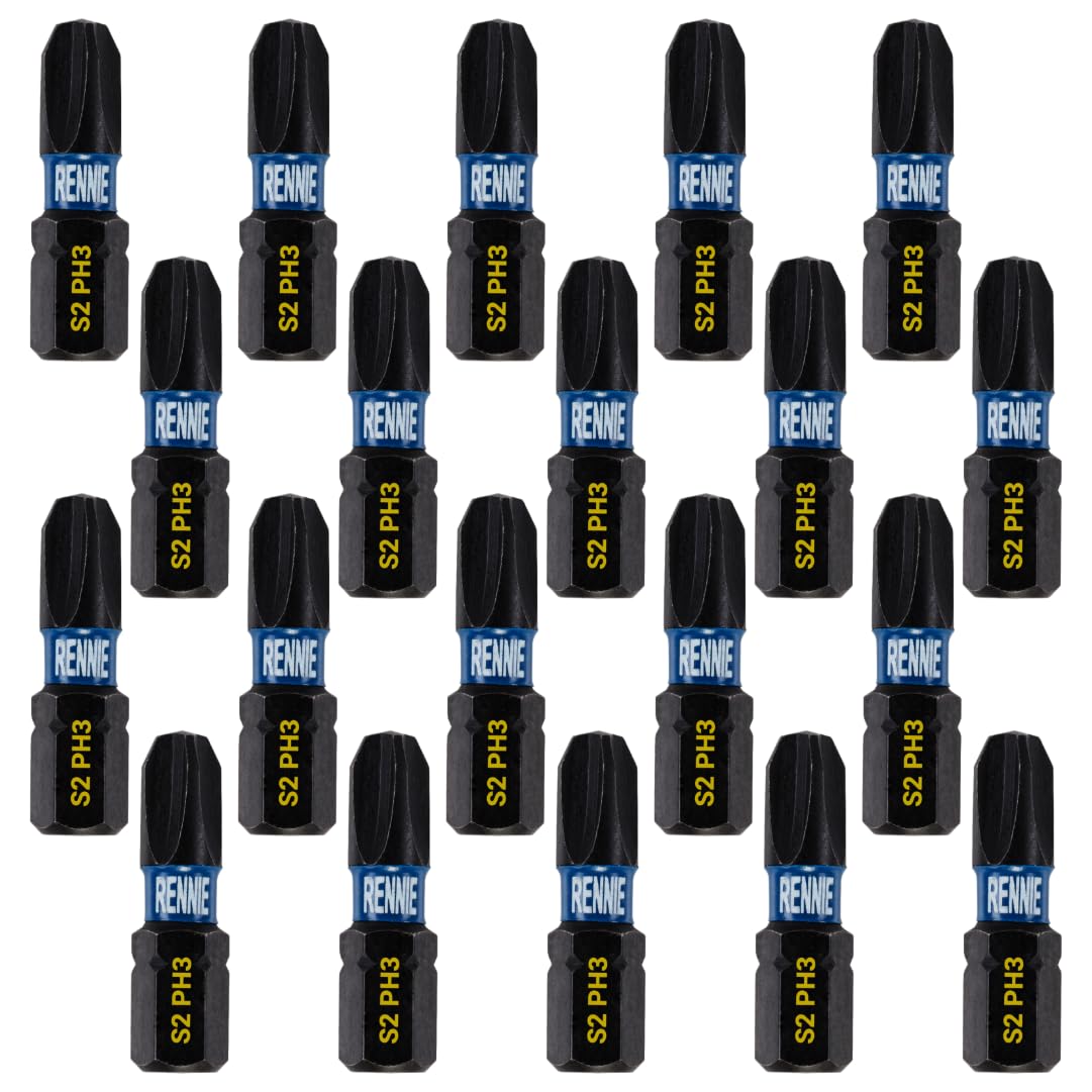 20 x Rennie Tools 25mm Long PH3 Impact Screwdriver Driver Bits Set. Phillips No.3 Heavy Duty Impact Driver Bit Set. PH3 Bits. Hex Shank. Cross Head