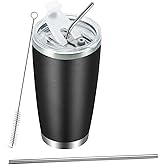 JORMEY 20oz Stainless Steel Vacuum Insulated Travel Mug Tumbler with Lid, Reusable Coffee Cup with Straw & Cleaning Brush, Double Wall Thermal Cup for Hot/Cold Drinks (Black)