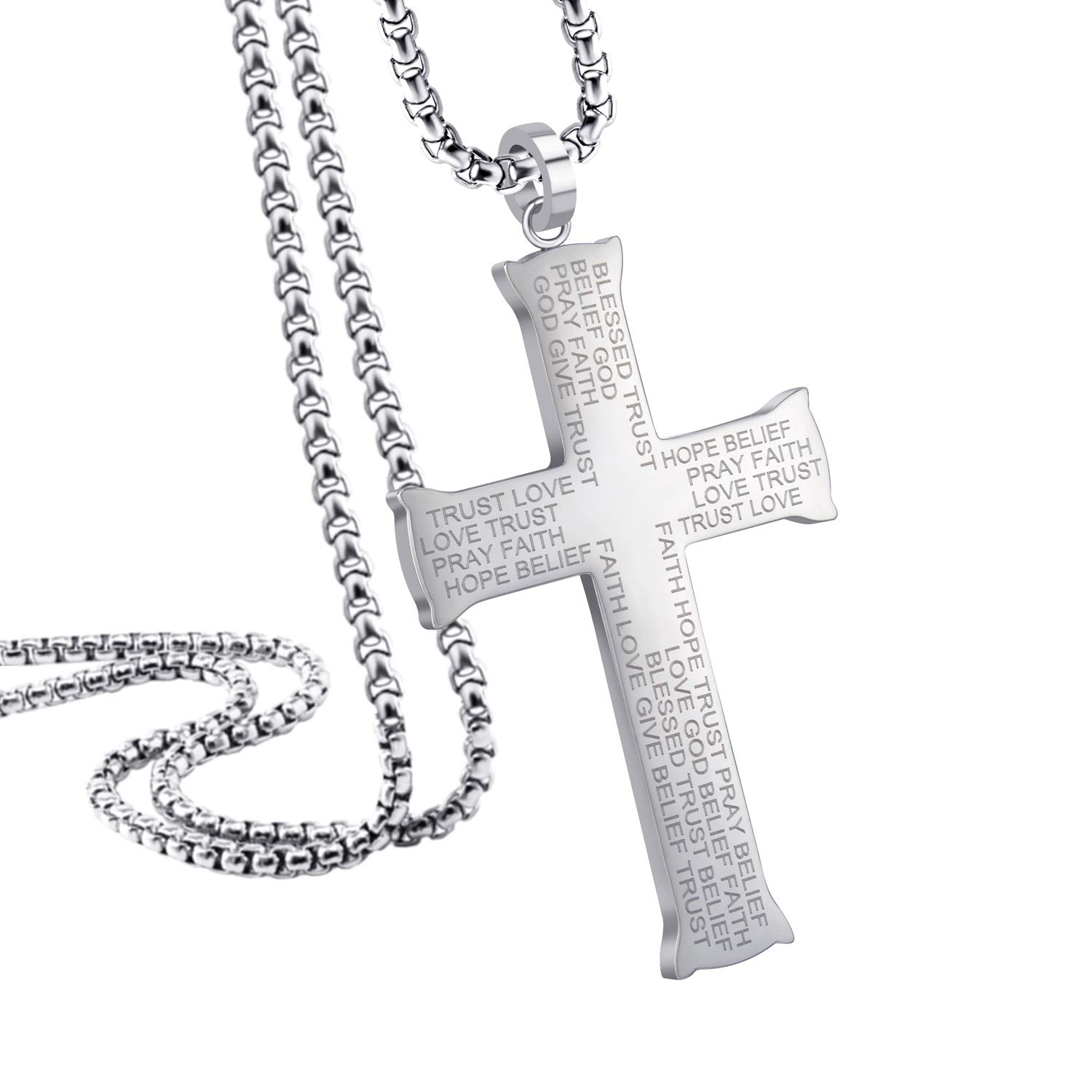 555Jewelry Stainless Steel Cross Necklace for Men, Bible Verse Inspired Evngraving Polished Religious Crucifix Cross Pendant for Men & Women, Silver, 22 Inches Box Chain