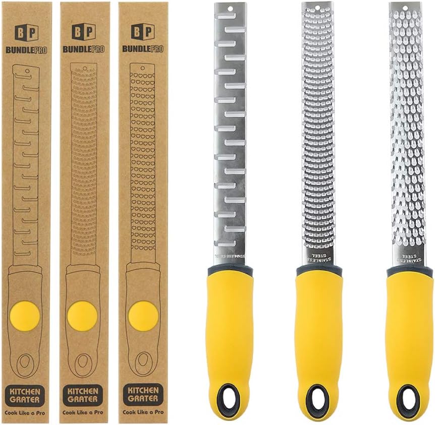 Pack of 3 Cheese Grater,Stainless Steel Lemon Zester with Non-Slip Ergonomic Handle,Dishwasher Safe Kitchen Tools for Grating Chocolate, Ginger, Citrus, Garlic,Nutmeg,Vegetables and Fruits (YELLOW)