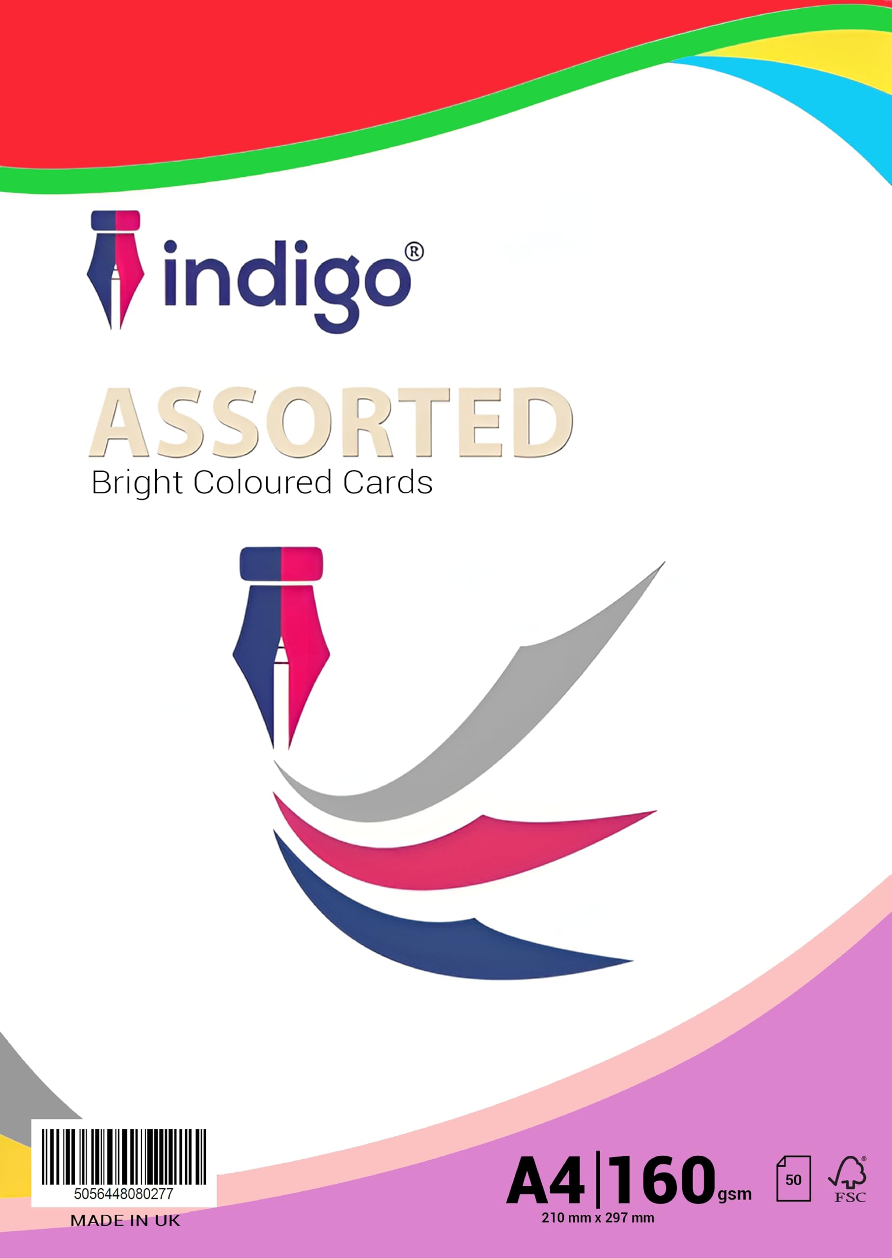 Indigo® A4 Coloured Card 160GSM – 50 Sheets | Assorted Bright Colours | Multipurpose Craft & Printer Card for Inkjet & Laser | Ideal for School, Office & Arts Projects