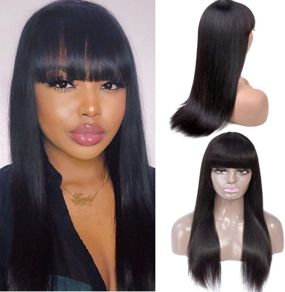 Healthair Brazilian Straight Virgin Human Hair Wigs 16" None Lace Front Wigs with Bangs Silky Machine Made for Women Replacement Wigs Natural Color (16", Straight)