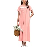 Ekouaer Nightgown for Women Cotton Long Night Gown Short Sleeve Nightdress with Pockets Button Sleepshirt Soft Sleepwear