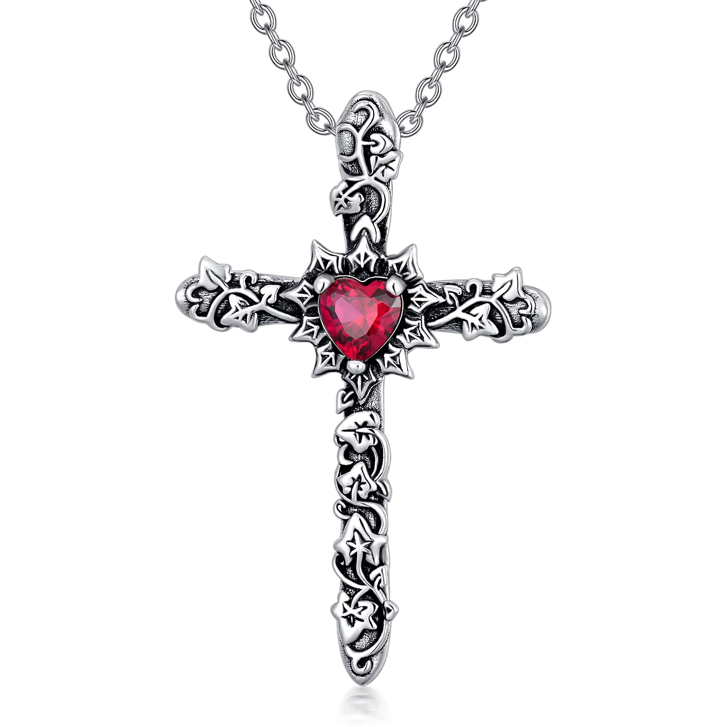 Shusukue Cross Necklace for Men Women 925 Sterling Silver Vintage Cross Necklace Gothic Red Pendant Necklace Punk Oxidized Jewellery Gifts for Men Boy Women