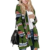 Women Boho Cardigan Aztec Open Front Long Sleeve Shawl Collar Sweater Coat