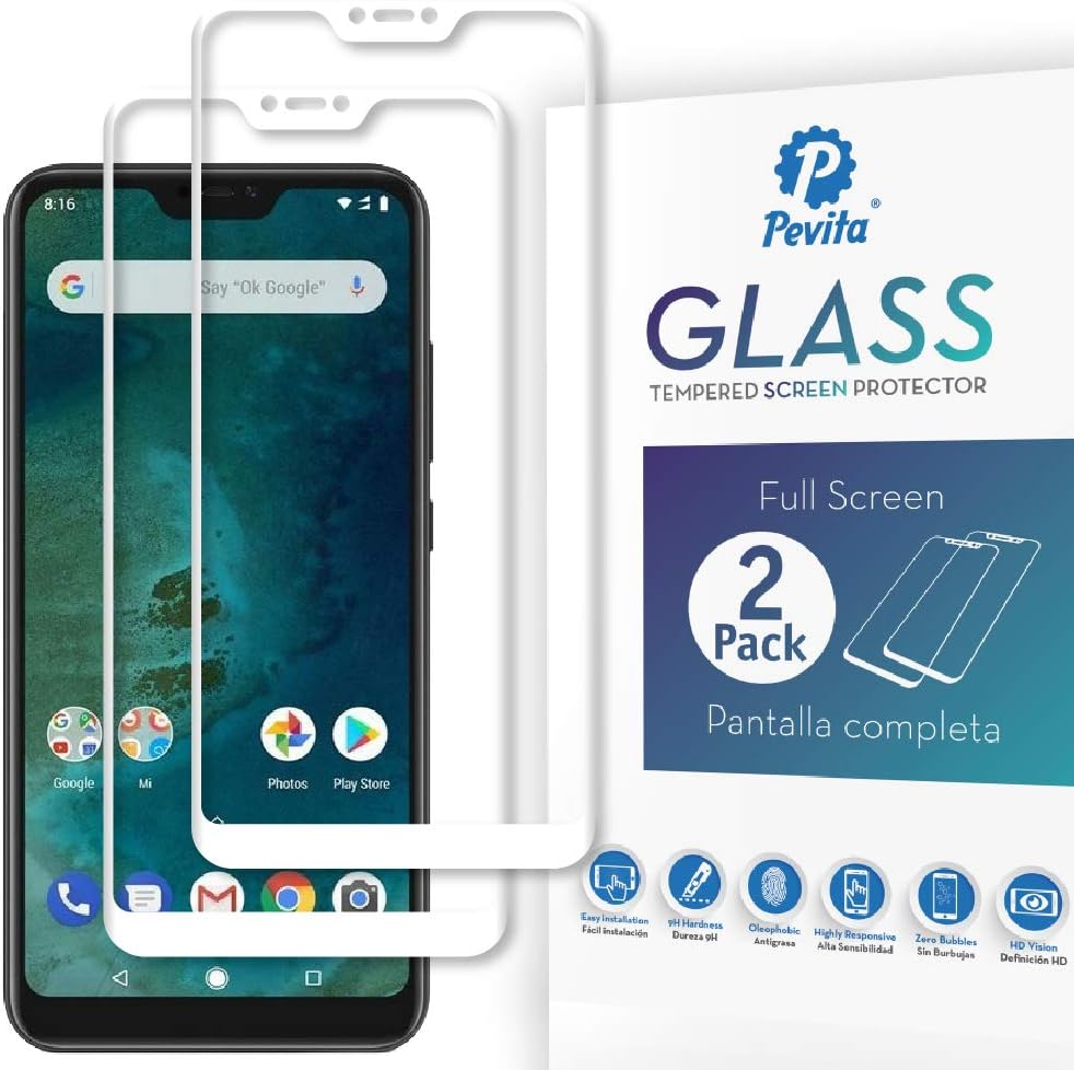 Pevita Screen protector compatible with Xiaomi Mi A1 [2 Pack] Full Screen White. 9H Hardness, No Bubbles, Easy Install. Tempered Glass Screen Protector compatible with Xiaomi Mi A1