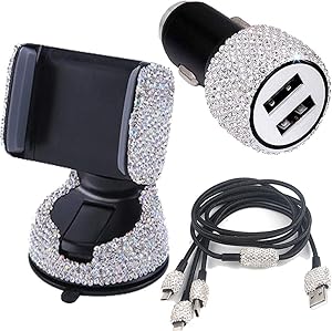 dayutech 3 Pack Bling Rhinestones Cell Phone Set (Car Phone Mount Holder Car Charger Charging Cable) for iPhone iPad Android Bling Accessories for Women Girls Ladies