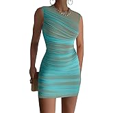 GOKATOSAU Women's Summer Sleeveless Round Neck Mesh Full Ruched Bodycon Mini Dress