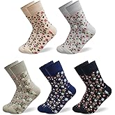HOMSSEM Floral Crew Socks – 5Pair Flower Graphic Soft Cotton Socks for Women, Teen Girls – for Sandals, – Cute Vibrant Colors