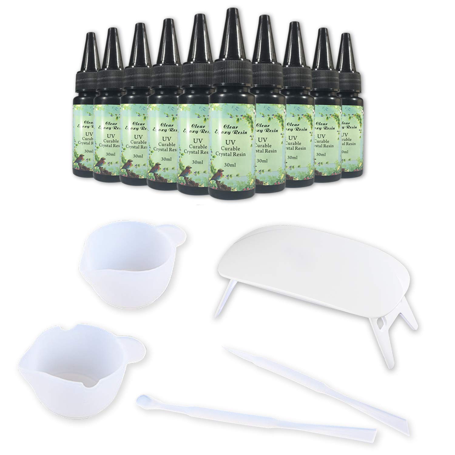 10x30ml UV Resin (Starter Kit) + Light Included! Crystal Clear UV Resin Glue + Resin Accessories Use in: Keychain Making Kit, Jewellery Making Kit, Crafts DIY Gift Set, Cure with UV Lamp and Sunlight