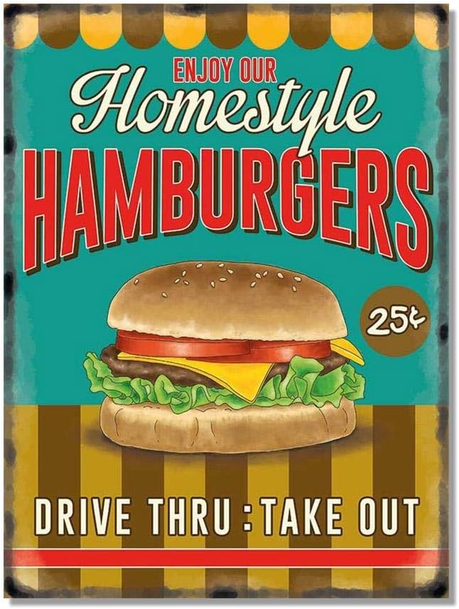 Funky NE Ltd Enjoy Our Homestyle Hamburgers - Drive Thru : Take Out - American Diner - Reproduced Advertisement - Plaque - Retro Style - Vintage Metal Wall Decor Poster - J0504 - Size Large