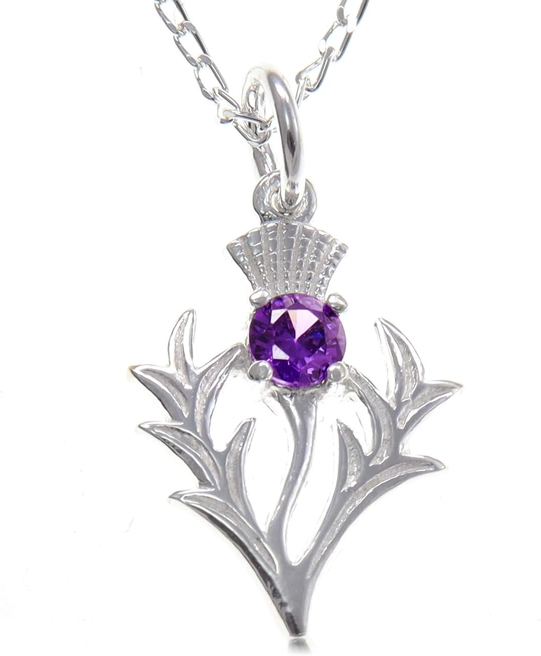 Sterling Silver Amethyst Thistle Pendant Scottish Necklace with 18