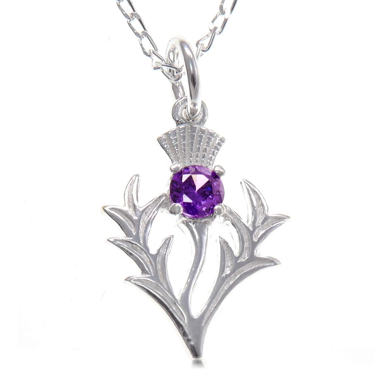 Alexander Castle 925 Sterling Silver Scottish Thistle & Real Amethyst Pendant Necklace 20mm x 16mm Pendant with 18" Silver Chain & Jewellery Gift Box - Scottish Gifts for Women