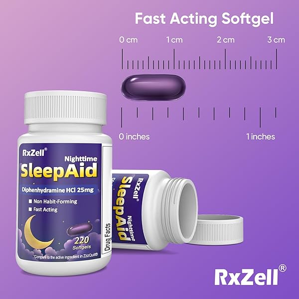 RXZELL SLEEP AID, DIPHENHYDRAMINE HCL 25MG, 220 SOFTGELS – FALL ASLEEP FASTER, DEEPER RESTFUL SLEEPING, NON HABIT-FORMING