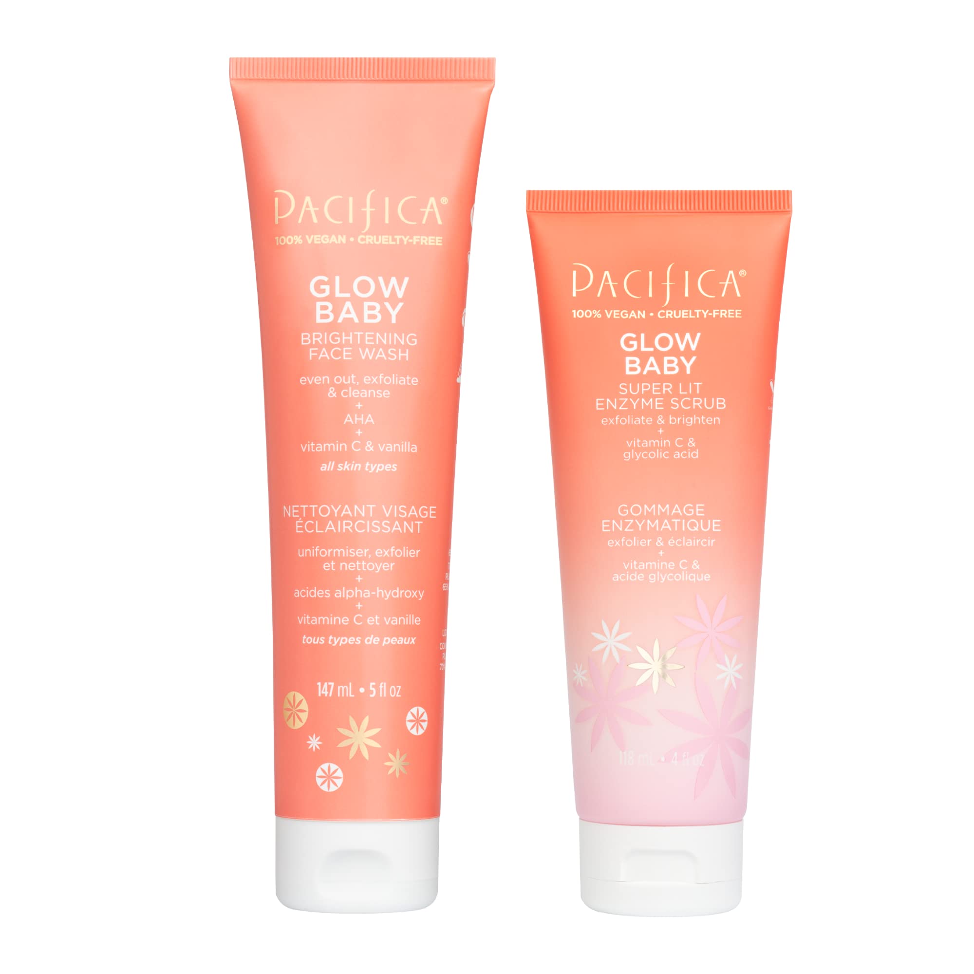 Photo 1 of Pacifica Beauty Glow Baby Brightening Face Wash & Enzyme Face Scrub Set, Skincare, Vitamin C, Glycolic Acid, Vitamin E, Facial Cleanser, Exfoliator, Skin Care, Vegan, 5 fl oz and 4 fl oz (Set of 2)