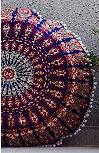 Raj Handicrafts blue peacock mandala floor pillow covers blue round bohemian cushion cover ottoman pouf cover hippie decorative cushion case cover only