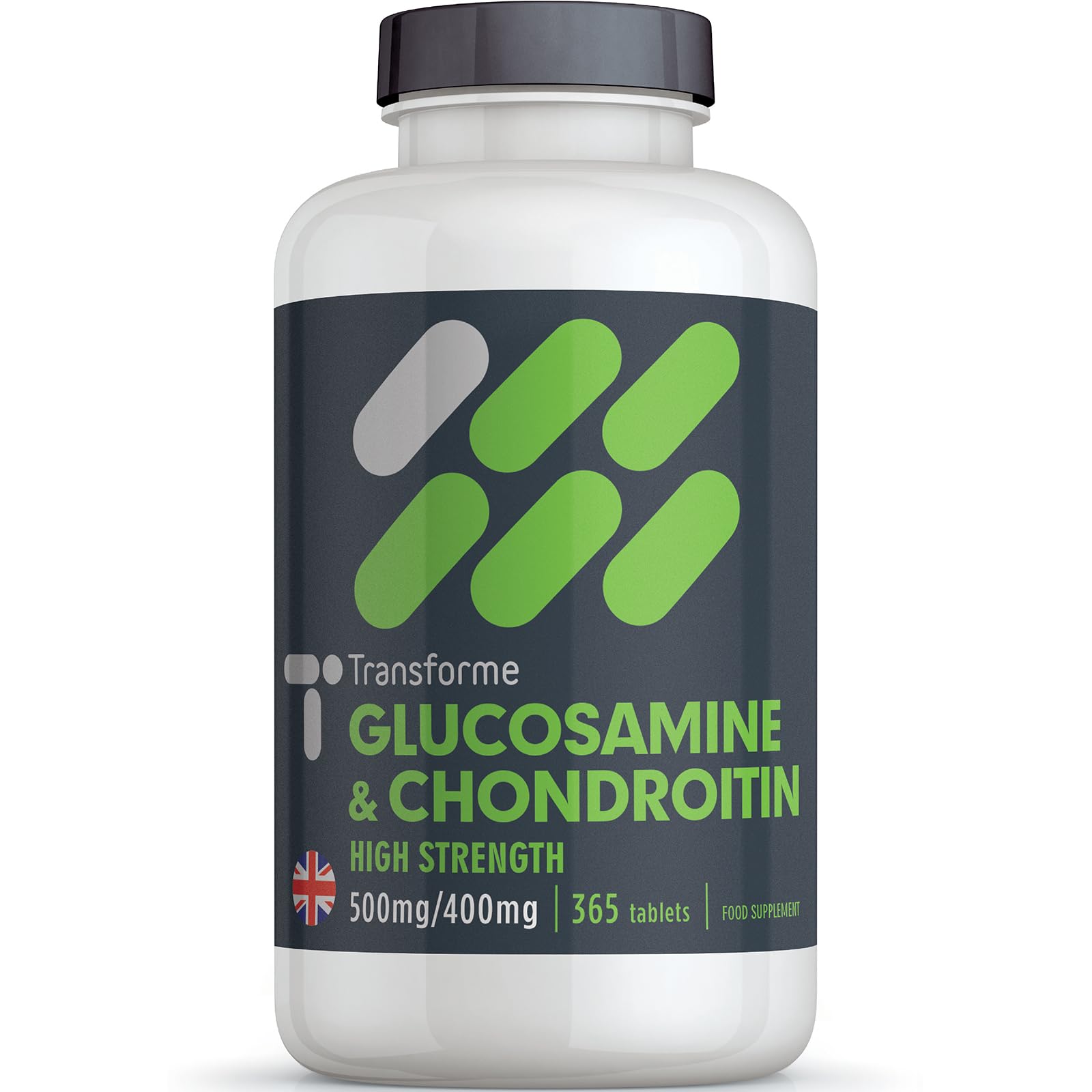 Transforme Glucosamine and Chondroitin High Strength 500mg/400mg, 365 Tablets Up to 1 Year Supply, Glucosamine Complex with Superior Chondroitin Sulphate (90% Potency), UK Made