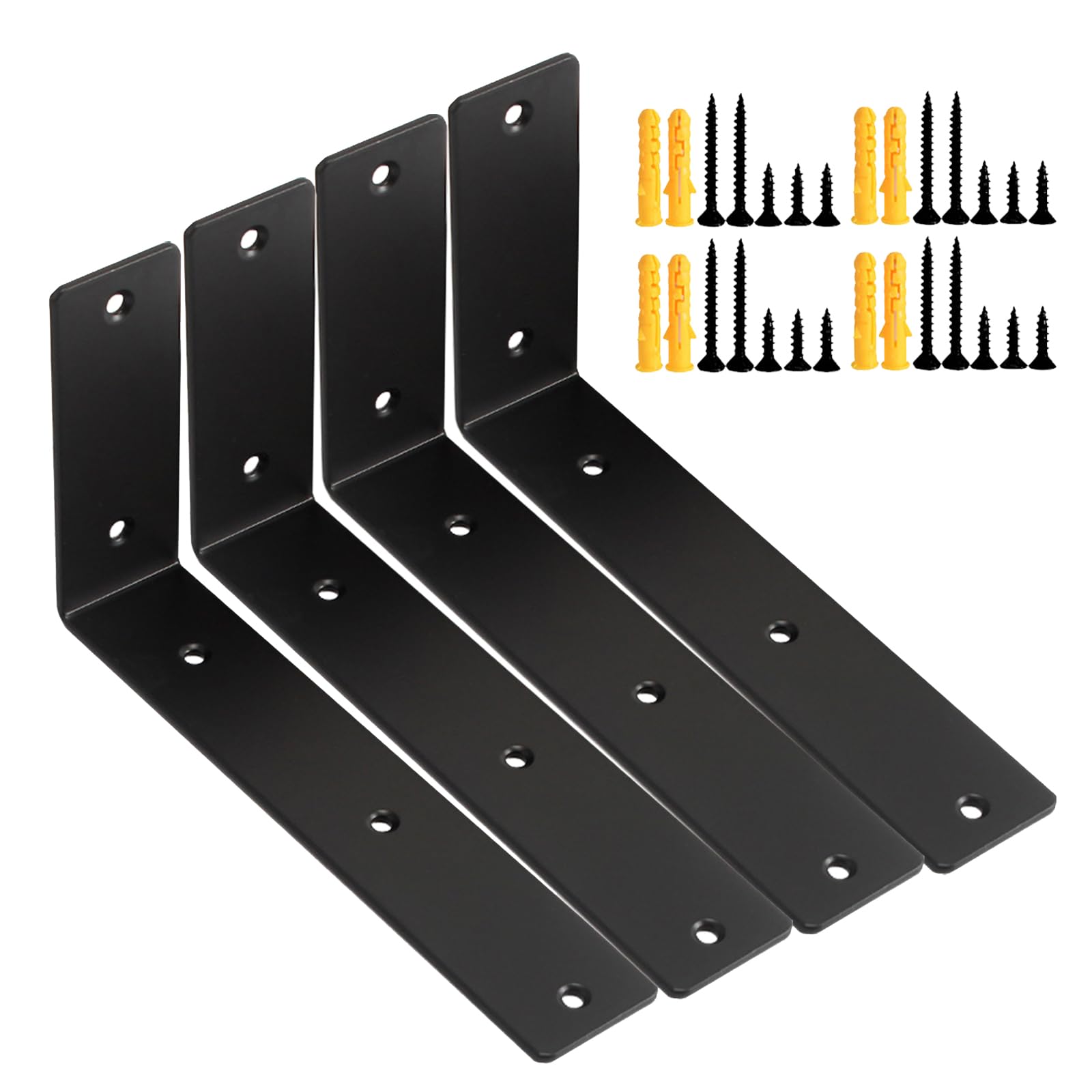 Catekro 4 Pack Heavy Duty Shelf Brackets, 6 inch 90°Right Angle L Metal Bracket for Shelf, Equipped with Screws and Wall Plugs (Black)