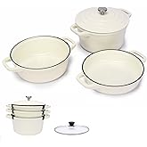 Hisencn Stackable Enamel Cookware Set, 5-Piece – 5.2QT Pot with Lid, 10-in Skillet, 4QT Frying Pan with Universal Glass Lid, Space-Saving Design, Oven and Stovetop Safe (Up to 500°F), Cream White