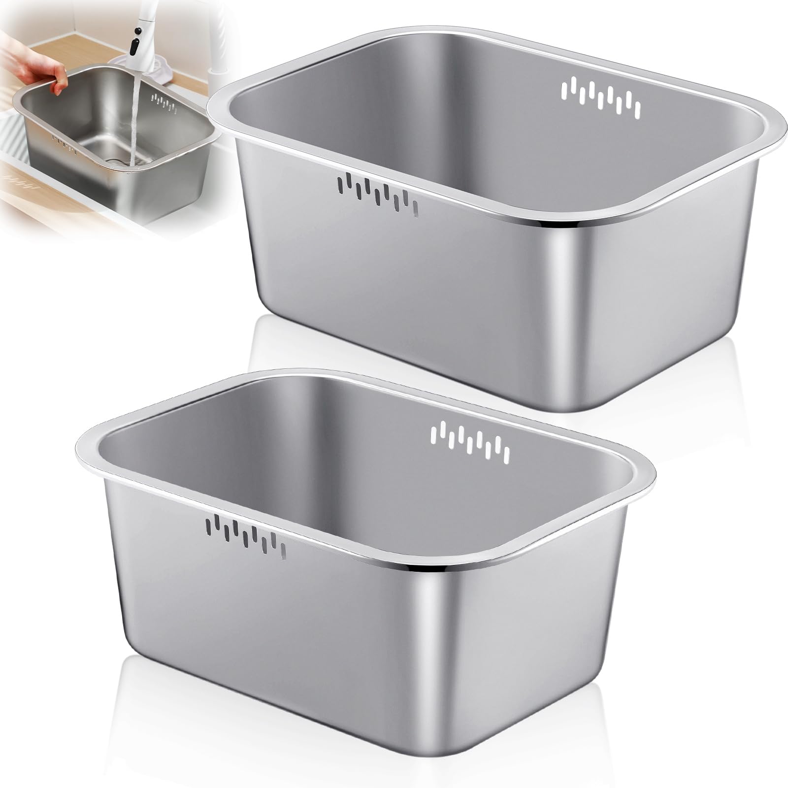 10-Liter Stainless Steel Dishpan - Multipurpose Kitchen Sink Bowl With Strainer Slots
