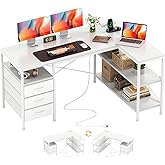 CAIYUN L Shaped Computer Desk with Power Outlets, Home Office Desk with 3 Drawers, 47 Inch Corner desks with Reversible Stora