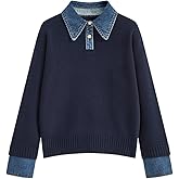 Zocvyi Womens Fall Long Sleeve Sweaters,Denim Lapel Sweater Button Down Polo Knit Pullover Tunic Sweaters