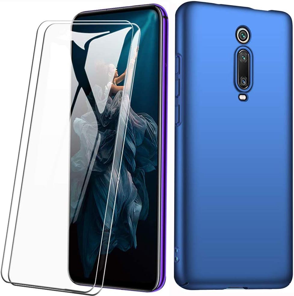 FANFO® Case + [2 Pieces] Tempered Glass Screen Protector for Xiaomi Redmi K20 Pro, Ultra Thin Pure Hard PC Case, Silky Matt Paint Bumper Shell Case Cover, Blue