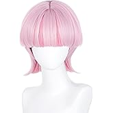 Half and Half Polyurethane‌ Cosplay Wig Short Pink Anime Wig with Bangs Light Pink Layered Wigs for Men Women Unisex Party Daily