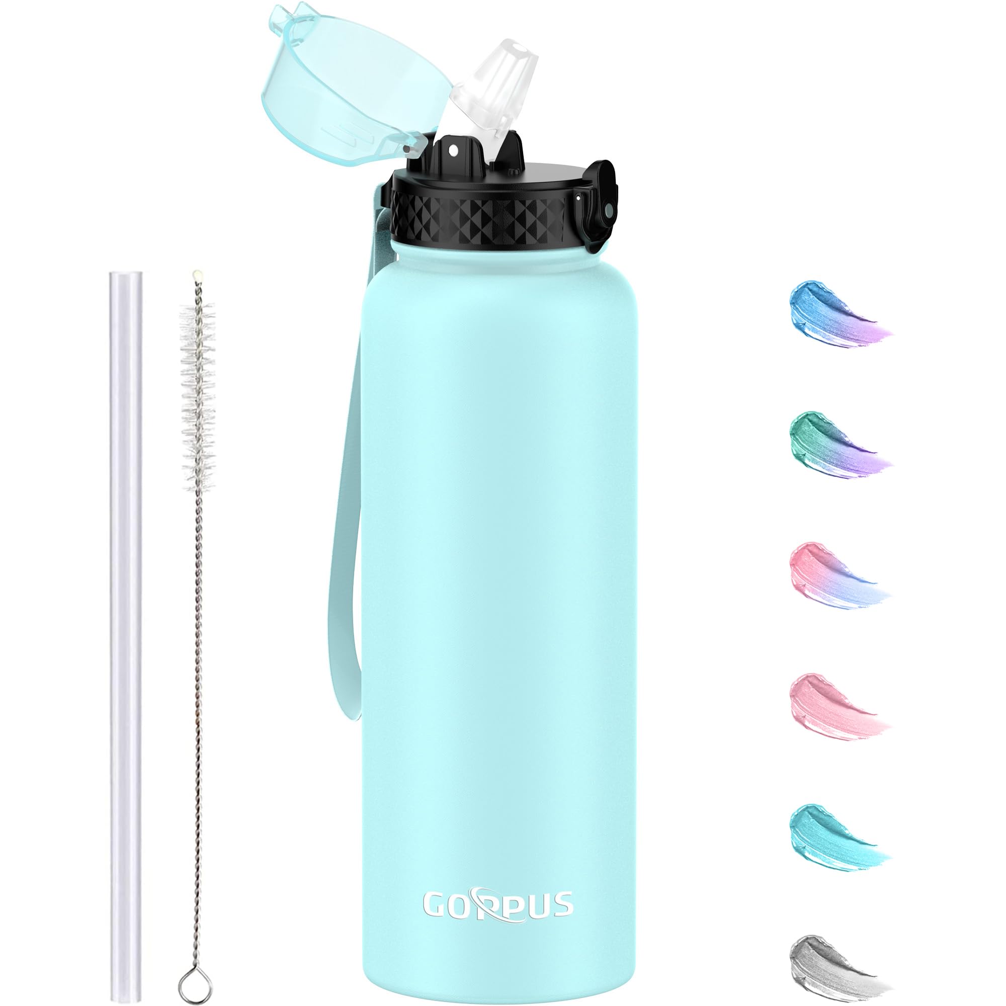 GOPPUS 1.2L/40oz Stainless Water Bottle with Straw Double Wall Insulated Bottles with Strap Large Vacuum Thermal Flask Leakproof Keep Cold Drinks Bottles with Flip Top Lid for Men Women BPA Free — image 1